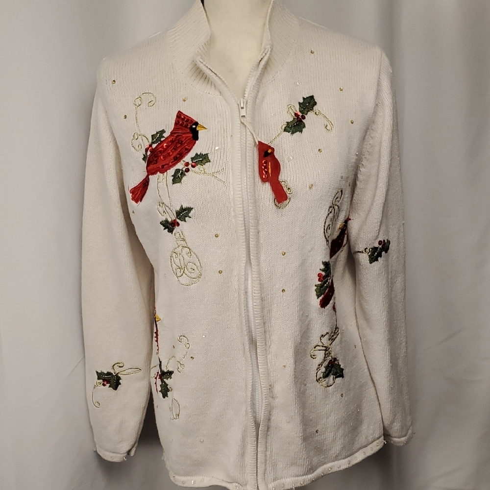 Festive White Zip-Up Sweater with Cardinal Design